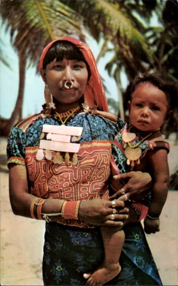 Postcard Islas de San Blas Panama, A Kuna Indian with her son, woman with child, nose ring, colorful costumes