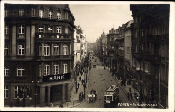 Postcard Poznań Poznan, Berlinerstrasse, bank