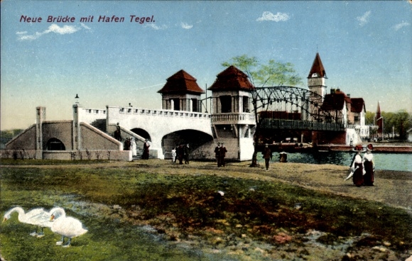Postcard Berlin Reinickendorf Tegel, part of the new bridge with a view of the harbor, swans