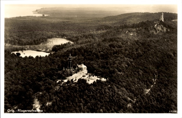 Postcard Berlin Köpenick, aerial photograph, Müggelturm, forest landscape, Brandenburg lake district