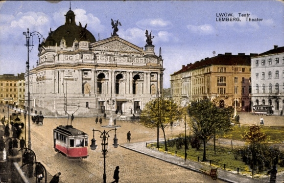 Lviv, Ukraine, theater building, tram, trees, people, Lviv