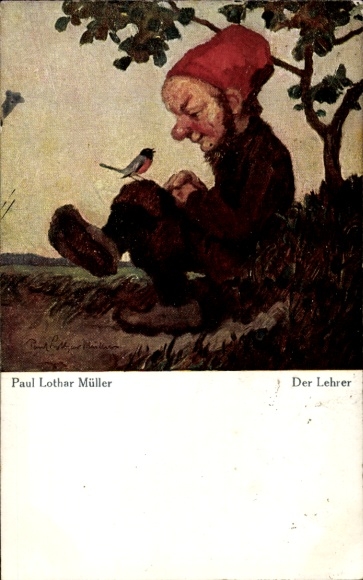 Artist Postcard Müller, Paul Lothar, The Teacher, Dwarf, Bird