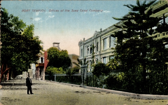 Postcard Port Tewfik Suez Port Egypt, Suez Canal Company office building, city view, trees in the V...