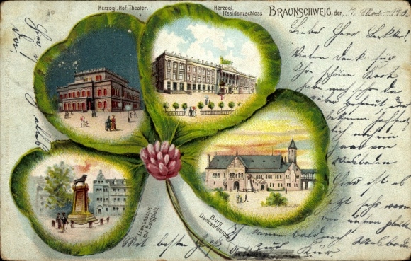 Cloverleaf lithograph Braunschweig in Lower Saxony, Dankwarderode Castle, Residenz Palace, Court Theatre