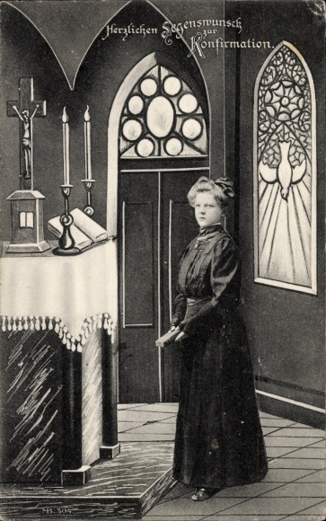 Postcard Congratulations Confirmation, Church, Altar, Praying Woman