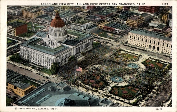 Postcard San Francisco California USA, aerial view, city hall, civic center, crowd, flag