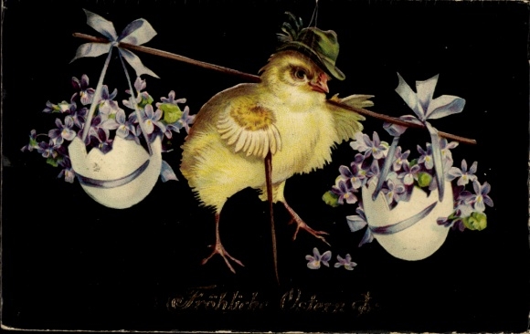 Happy Easter! Chick with walking stick, violets in eggshells
