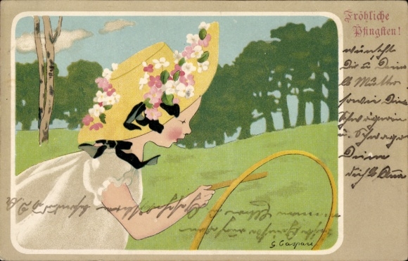 Artist Postcard Caspari, Gertrud, Happy Pentecost, Girl with Hoop, Flower Hat