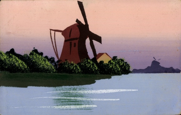 Hand-painted AK windmill, river, house