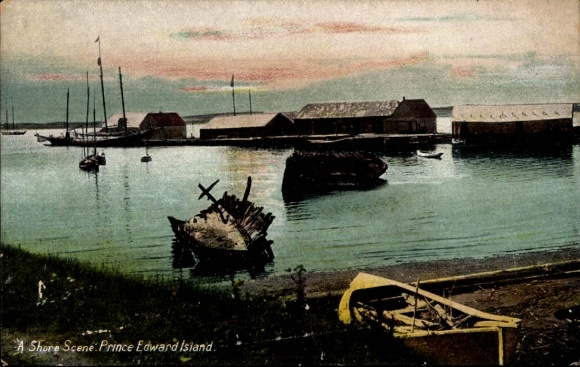 Postcard Point Prim Prince Edward Island Canada, coastal landscape, boats, buildings, Prince Edward Island