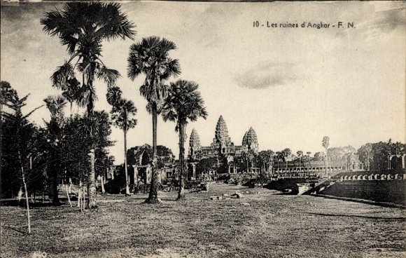 Postcard Angkor Wat Cambodia, The ruins of Angkor, view of a temple, palm trees