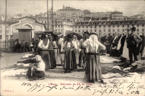 Postcard Lisboa Lisbon Portugal, market in women's traditional clothing, cityscape in the background
