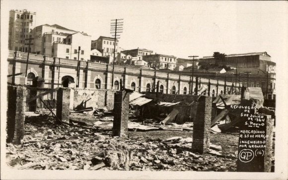 Photo Postcard São Paulo Brazil, Revolution 1924, destruction after street fighting, burned-down market