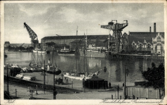 Postcard Kiel, commercial port, Germania shipyard
