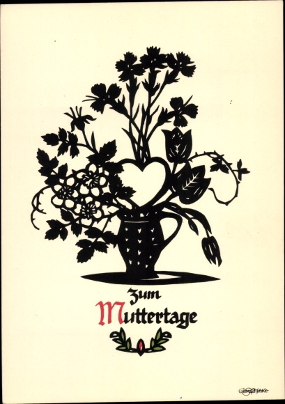Paper cut Postcard Plischke, Georg, congratulations on Mother's Day, flowers, flower vase