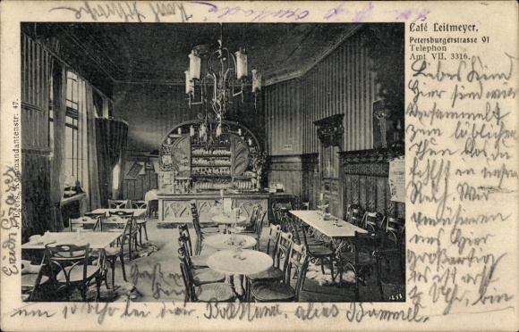 Postcard Berlin Friedrichshain, Café Leitmeyer, Petersburger Straße 91