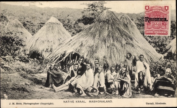 Postcard Native Kraal, Mashonaland, locals, Africans, straw dwellings