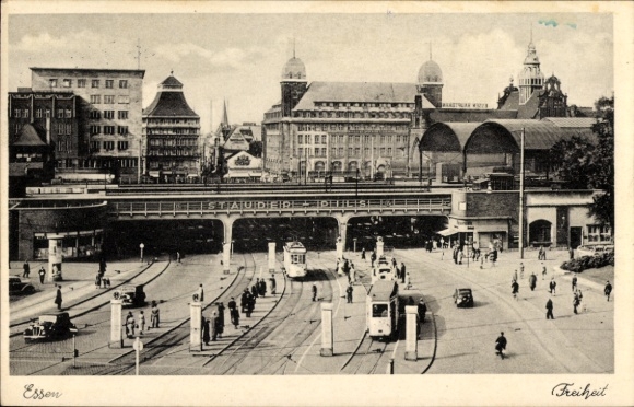Postcard Essen in the Ruhr area, Freiheit, train station, tram stop