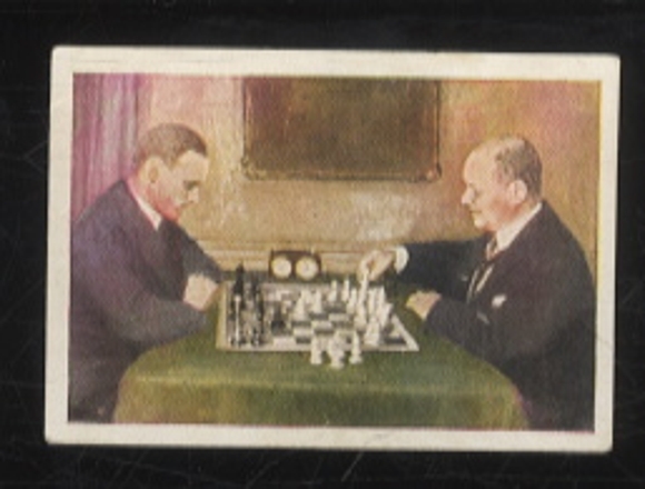 Josetti Cigarettes Berlin collectible card, Famous Chess Players, F. Sämisch and R. Spielmann, 6 x 4 cm