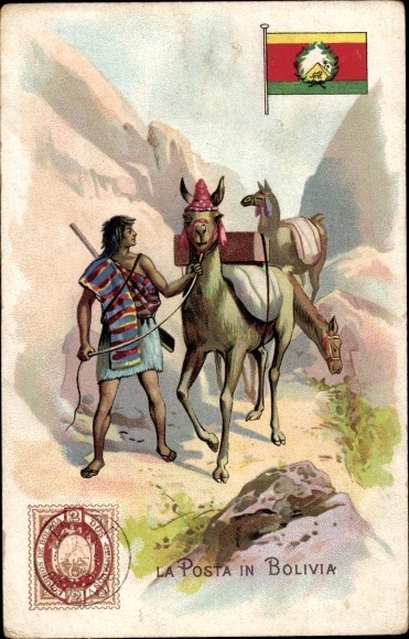 Stamp Postcard La Posta in Bolivia, Indio, Lamas, Lysoform Achille Brioschi Milano