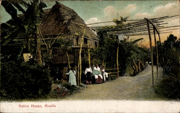 Postcard Manila Philippines, local house, people in traditional clothing, street