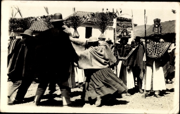 Postcard La Paz Bolivia, traditional costumes, people in a celebratory mood, Andes, Bolivia