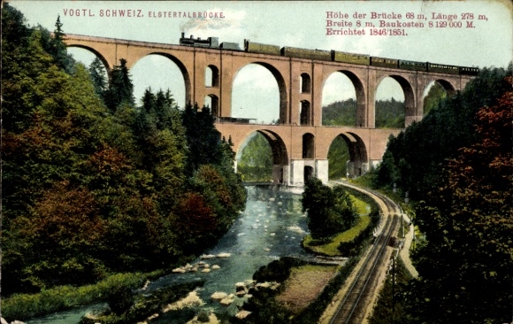 Postcard Jocketa Pöhl in Vogtland, Elstertal Bridge, railway line