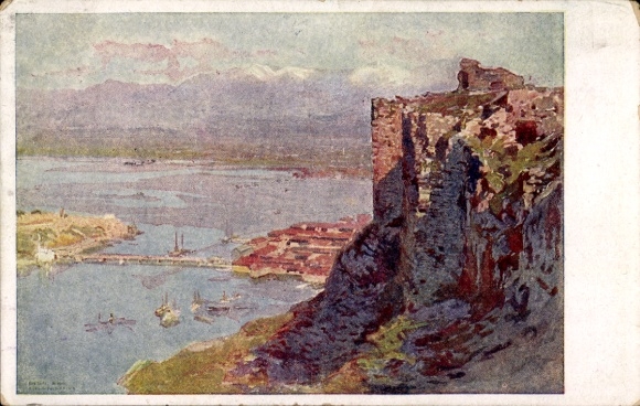 Artist Postcard Prinz, Karl Ludwig, Scutari Skutari Shkodra Albania, view of the town