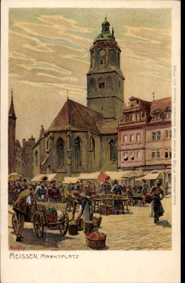 Artist Lithograph Hey, Paul, Meissen in Saxony, Market Square, Merchants