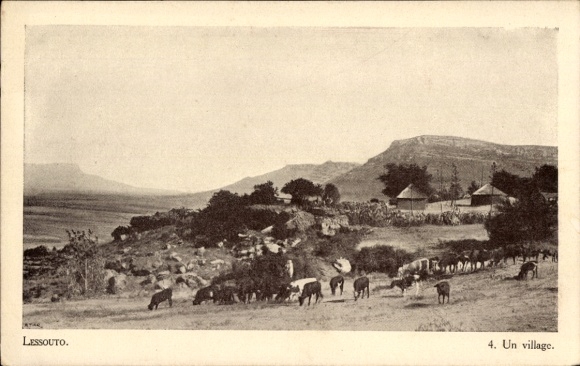 Postcard Basutoland Lesotho, flock of sheep, village, huts, landscape