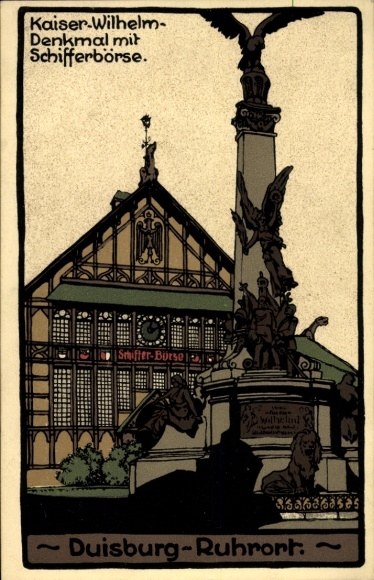 Lithprint, Ruhrort Duisburg in the Ruhr area, Kaiser Wilhelm Monument with Schifferbörse