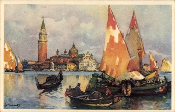 Postcard Venezia Venice Veneto, Isola S. Giorgio, boats with sails, waterscape