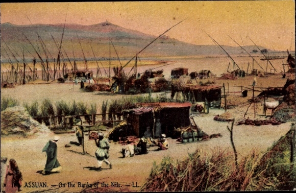 Postcard Assouan Aswan Egypt, market on the Nile, people, tents, fishing boats, Aswan