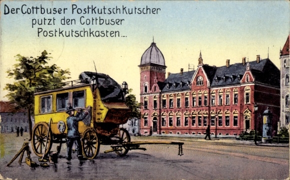 Postcard Cottbus, The post coach driver cleans the post coach box