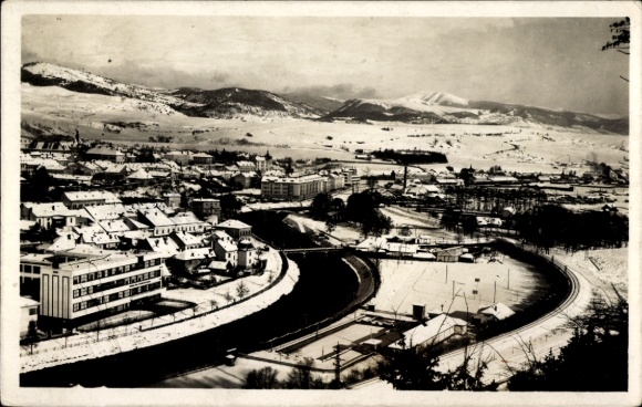Postcard Banská Bystrica Besztercebánya Neusohl Slovakia, snow landscape, cityscape, river, mountains