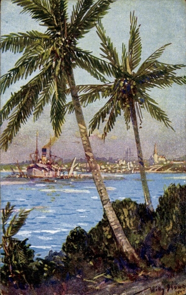 Artist Postcard Stöwer, Willy, Dar es Salaam Tanzania, warship, palm trees, colonial warrior thanksgiving