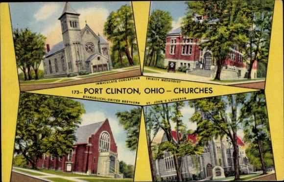 Postcard Port Clinton Ohio USA, Churches
