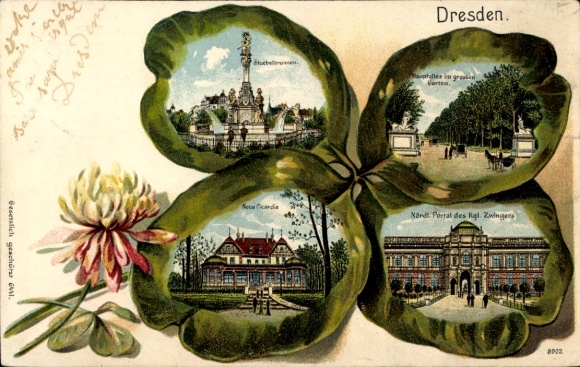 Embossee cloverleaf lithograph Dresden Old Town, Zwinger, Hauptallee Great Garden, fountain