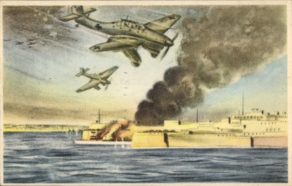 Artist Postcard La Valetta Malta, air raid, Luftwaffe, WWII