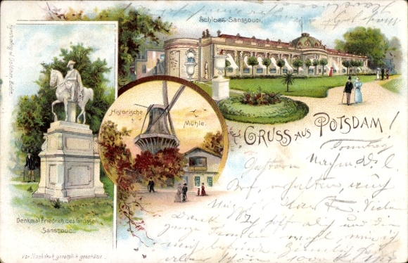 Lithograph of Potsdam in Brandenburg, Sanssouci Palace, historic windmill, monument