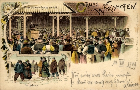 Lithograph of Father Kneipp speaking, in the snow