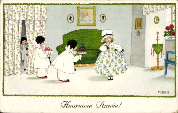 Artist Postcard Ebner, Pauli, Happy New Year, girl, harlequins with gifts