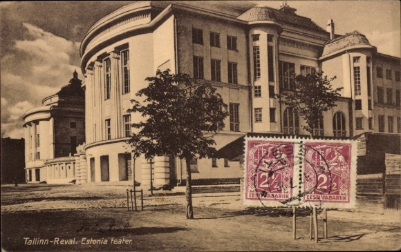 Postcard Tallinn Reval Estonia, Tallinn-Reval, Estonia Theatre, two stamps, text in Estonian