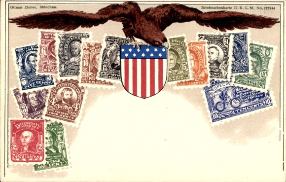 Stamps coat of arms Postcard USA, American flag, eagle