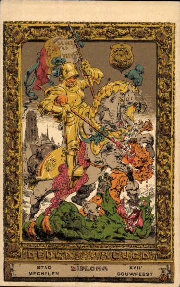 Artist Postcard Ost, A., Mechelen Malines Flanders Antwerp, XVII. Gouwfeest, Diploma, Deugd en Ureugd