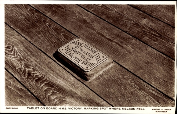 British warship HMS Victory, memorial plaque marks the spot where Nelson fell