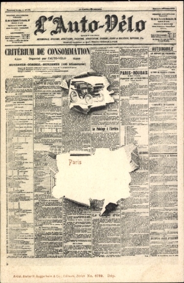 Newspaper Postcard Paris, Auto-Velo