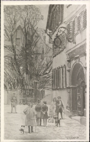Artist Postcard Passers-by in front of an inn