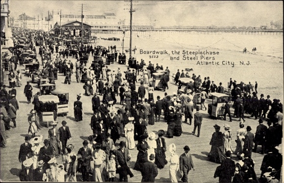 Postcard Atlantic City New Jersey USA, boardwalk, steeplechase, steel pier, crowd, cars