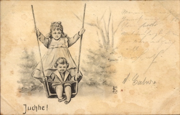 Artist Postcard Two children on a swing, Juchhe